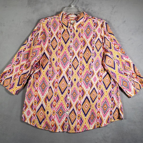 Chico's Tops - Chicos Shirt Womens M/2 Pink Ikat 100% Linen No Iron Button Back 3/4 Sleeve Boho